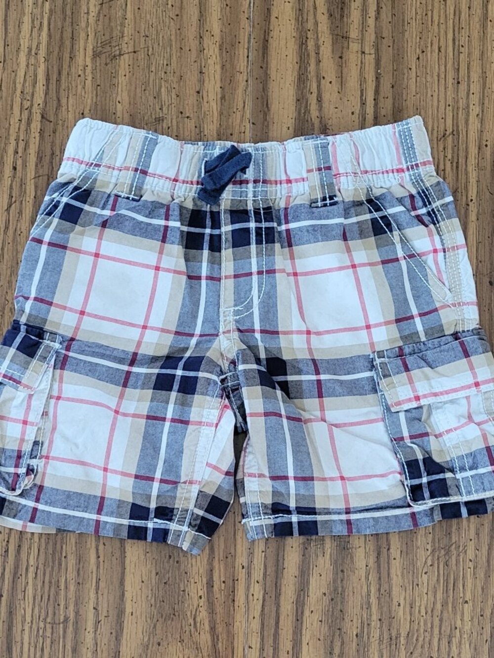 Gymboree Boys 2T Plaid Cargo Shorts Navy Tan Red Adjustable Drawstring